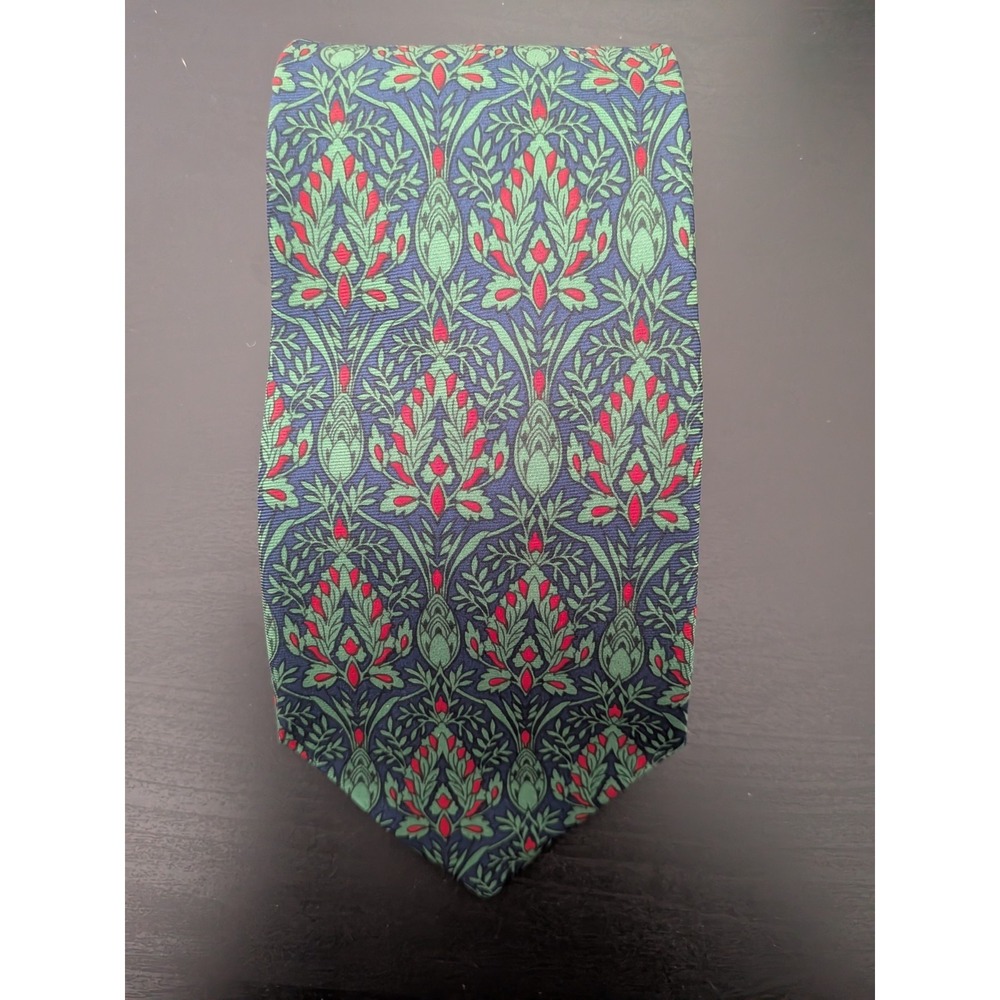 SMITHSONIAN INSTITUTION ITALY MADE DARK BLUE GREEN RED FLORAL SILK NECKTIE‎ 57"